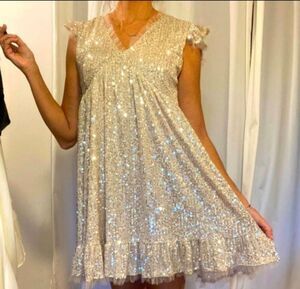M by MNK Champagne Sequin Babydoll Shift Mini Dress M